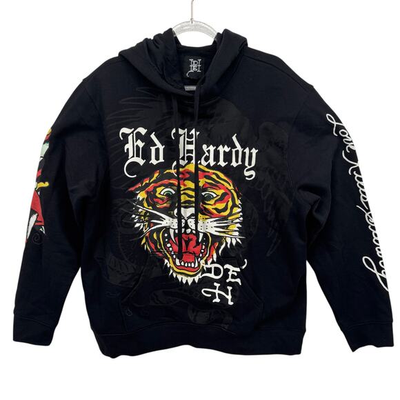Ed Hardy Tiger Dagger Hoodie Mens SZ XL Black Sweatshirt Iconic Logo Art Graphic